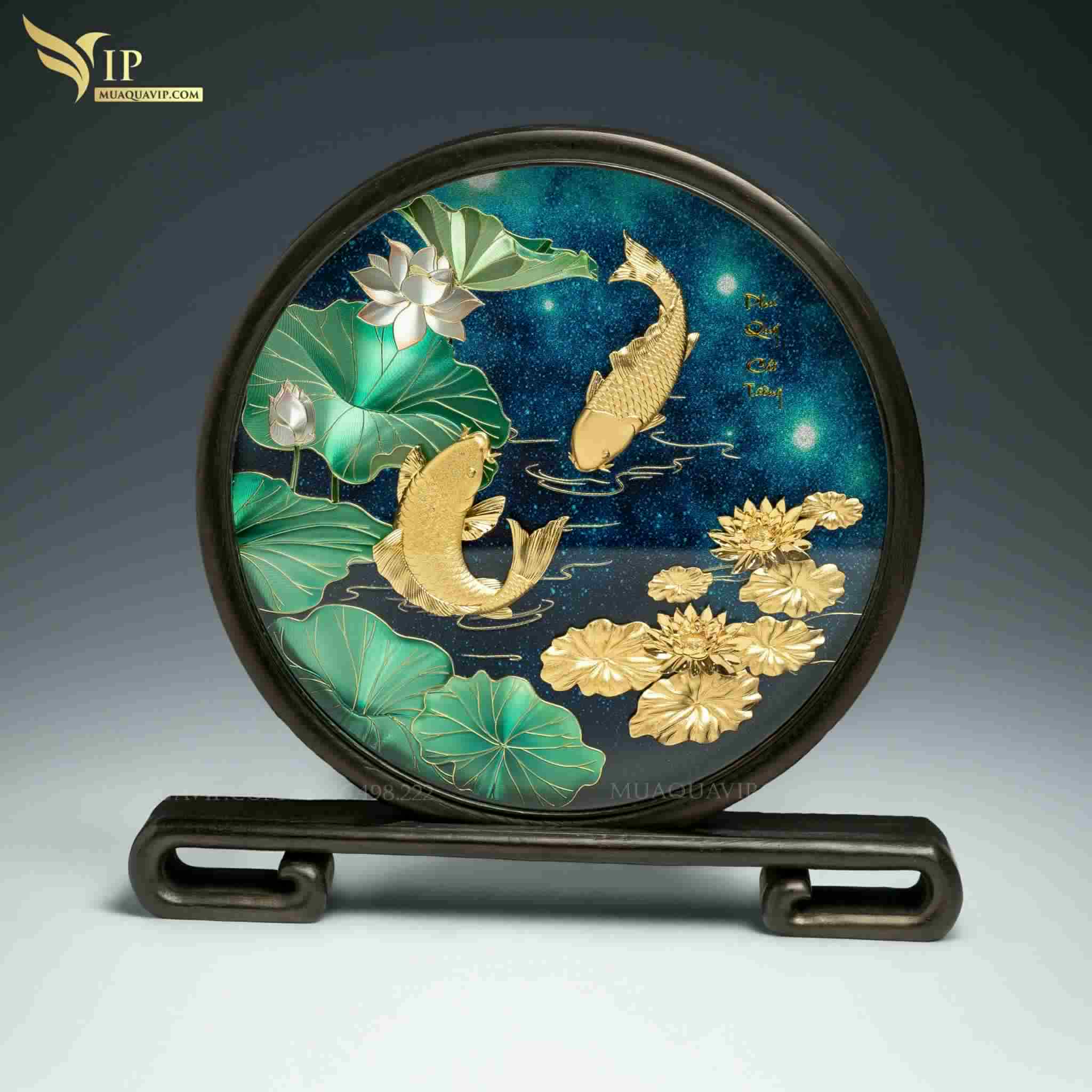 Tranh Đĩa Cá Chép Hoa Sen Dát Vàng 24K – Phượng Vũ Gold