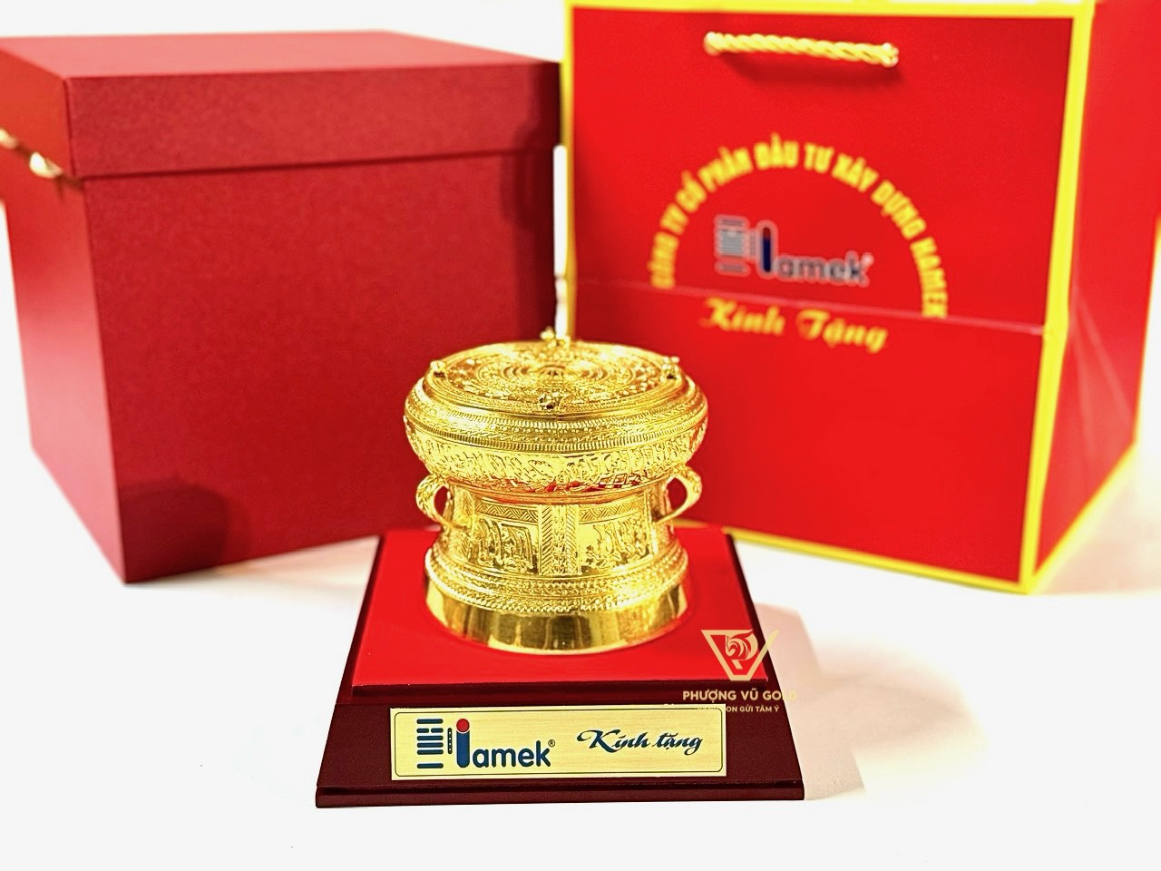 Trống Đồng Dát Vàng 15cm – Quà Lưu Niệm Để Bàn | Phượng Vũ Gold