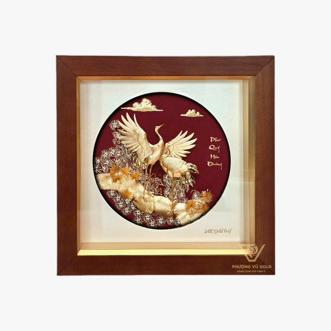 Tranh Tùng Hạc Diên Niên Dát Vàng 24K – Quà Tặng Để Bàn Sang Trọng | Phượng Vũ Gold