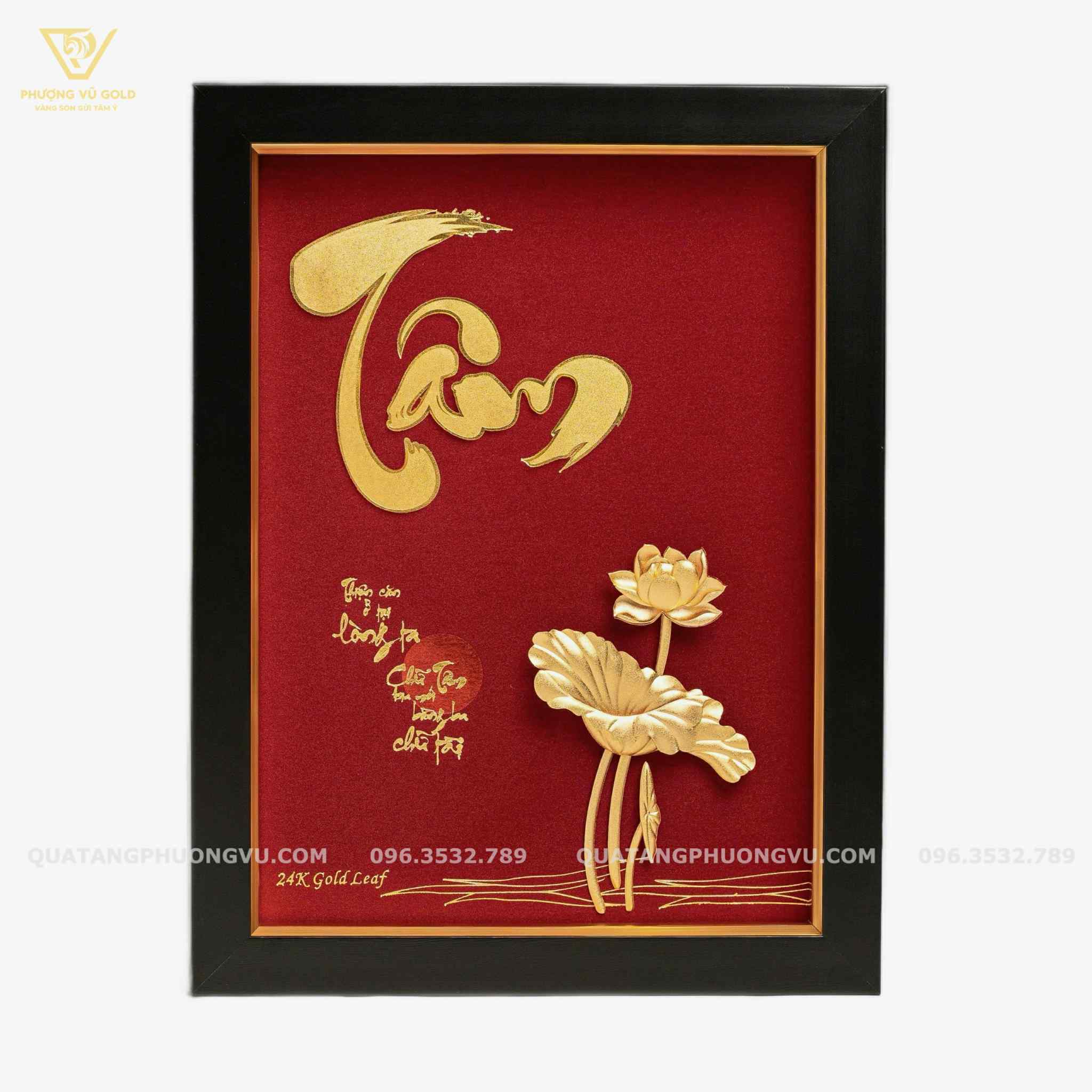 Tranh Chữ Tâm Dát Vàng 24k Nền Đỏ - Quà Tặng Ý Nghĩa | Phượng Vũ Gold